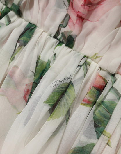 Dolce & Gabbana White Floral Print Silk Pleated Midi Dress