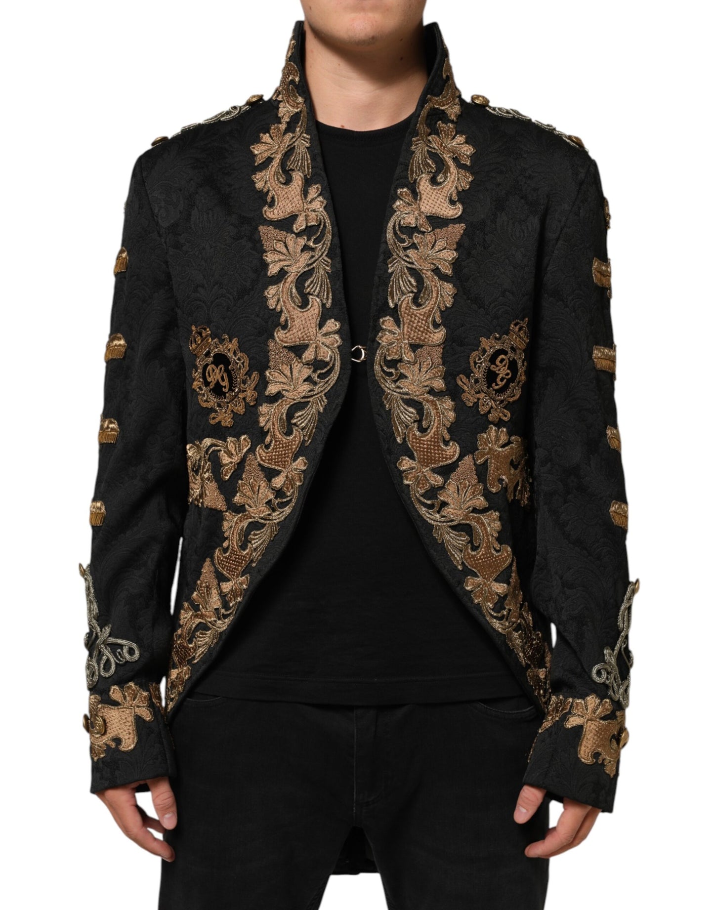 Dolce & Gabbana Black Brocade Embroidery Men Coat Jacket