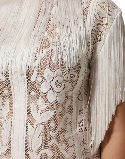 Dolce & Gabbana White Floral Lace Fringe Knee Length Dress