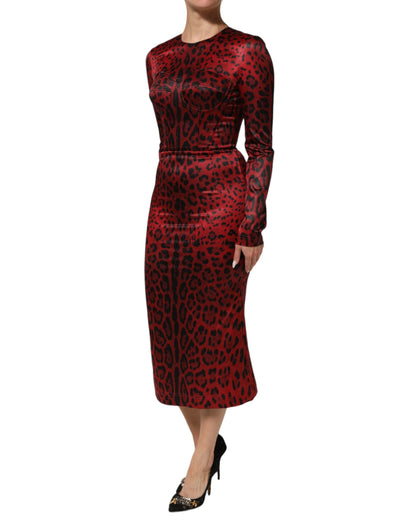 Dolce & Gabbana Red Leopard Sheath Long Sleeves Dress