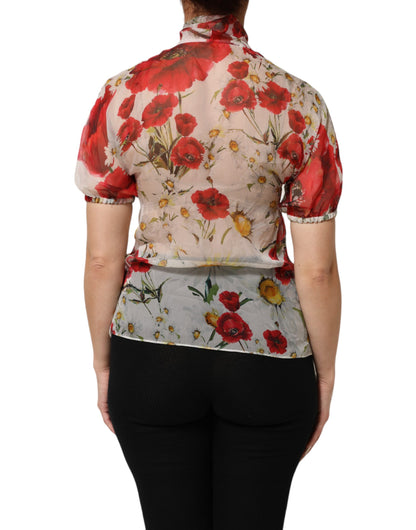 Dolce & Gabbana White Floral Tie-Neck Poppy Print Blouse Top