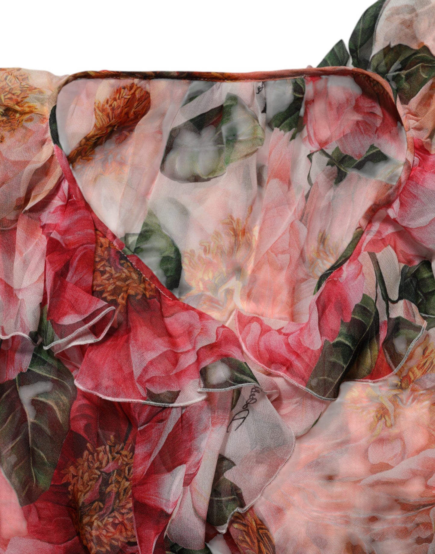 Dolce & Gabbana Pink Camellias Printed Silk V-neck Blouse Top