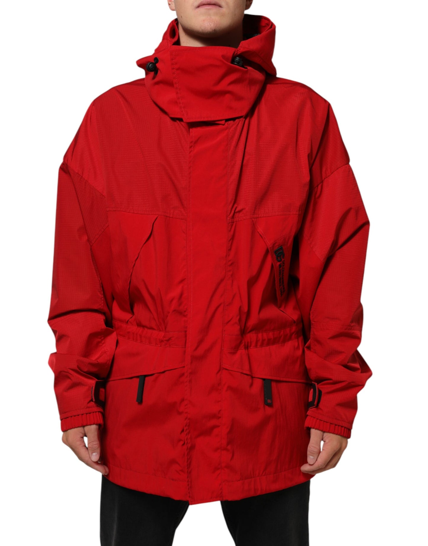 Dolce & Gabbana Red Nylon Hooded Men Full Zip Parka Jacket
