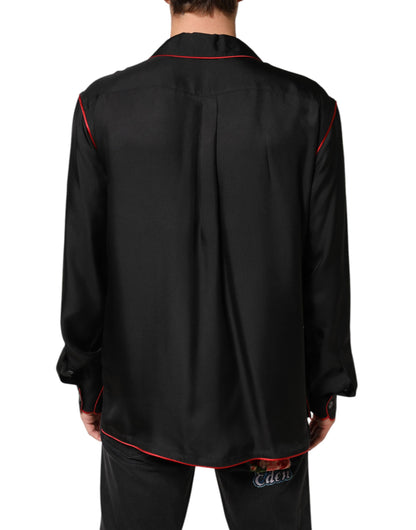 Dolce & Gabbana Black Red Contrast Trim Silk Casual Shirt