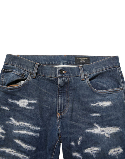 Dolce & Gabbana Blue Tattered Cotton Skinny Men Denim Jeans