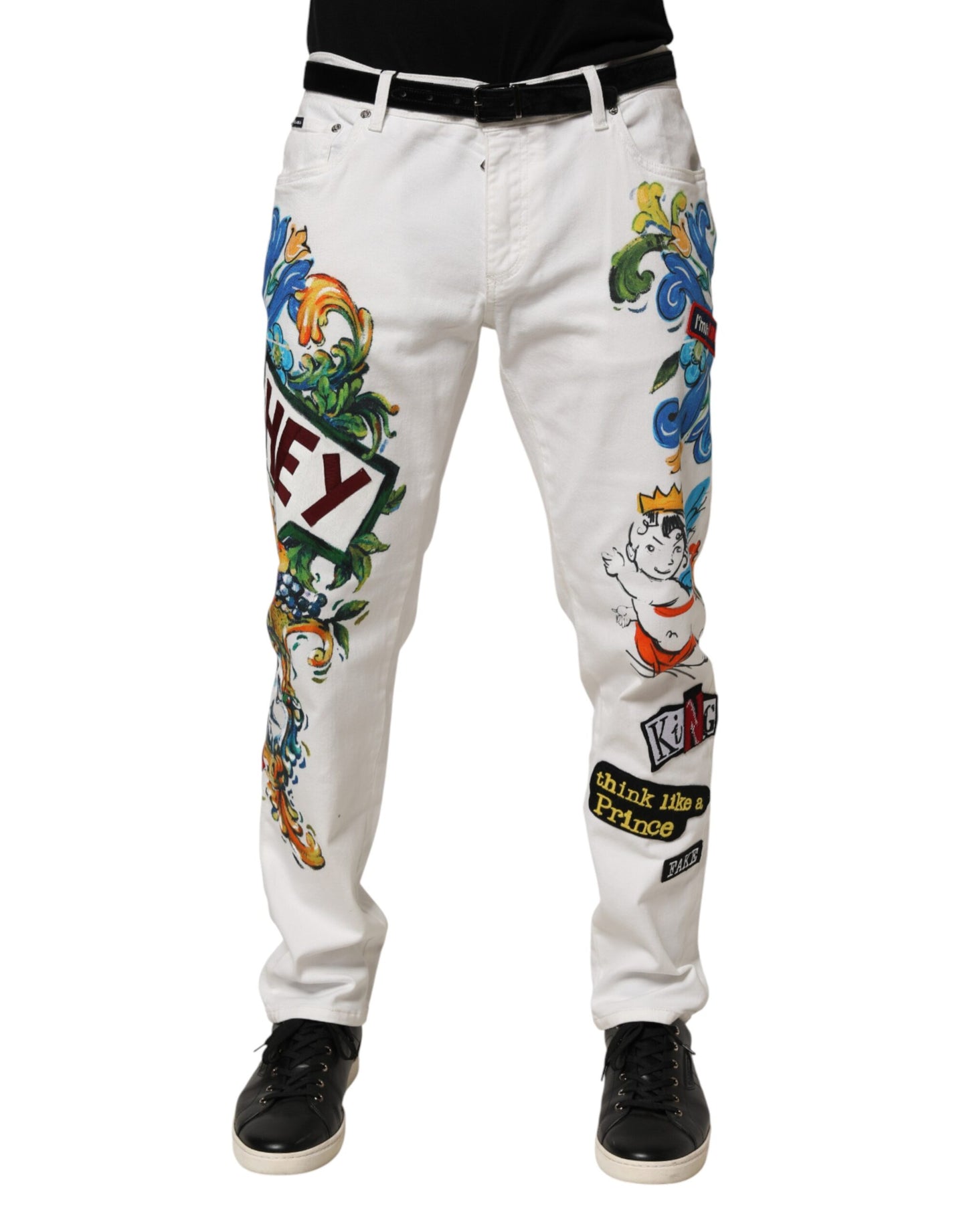 Dolce & Gabbana White Graffiti Print Skinny GOLD Denim Jeans