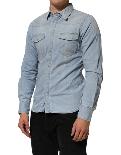 Maison Clochard Blue Denim Collared Long Sleeve Men Shirt