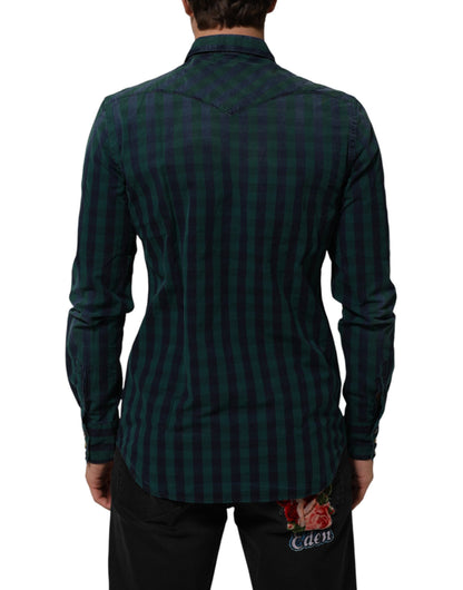 AGLINI Green Checkered Cotton Button Down Long Sleeves Shirt