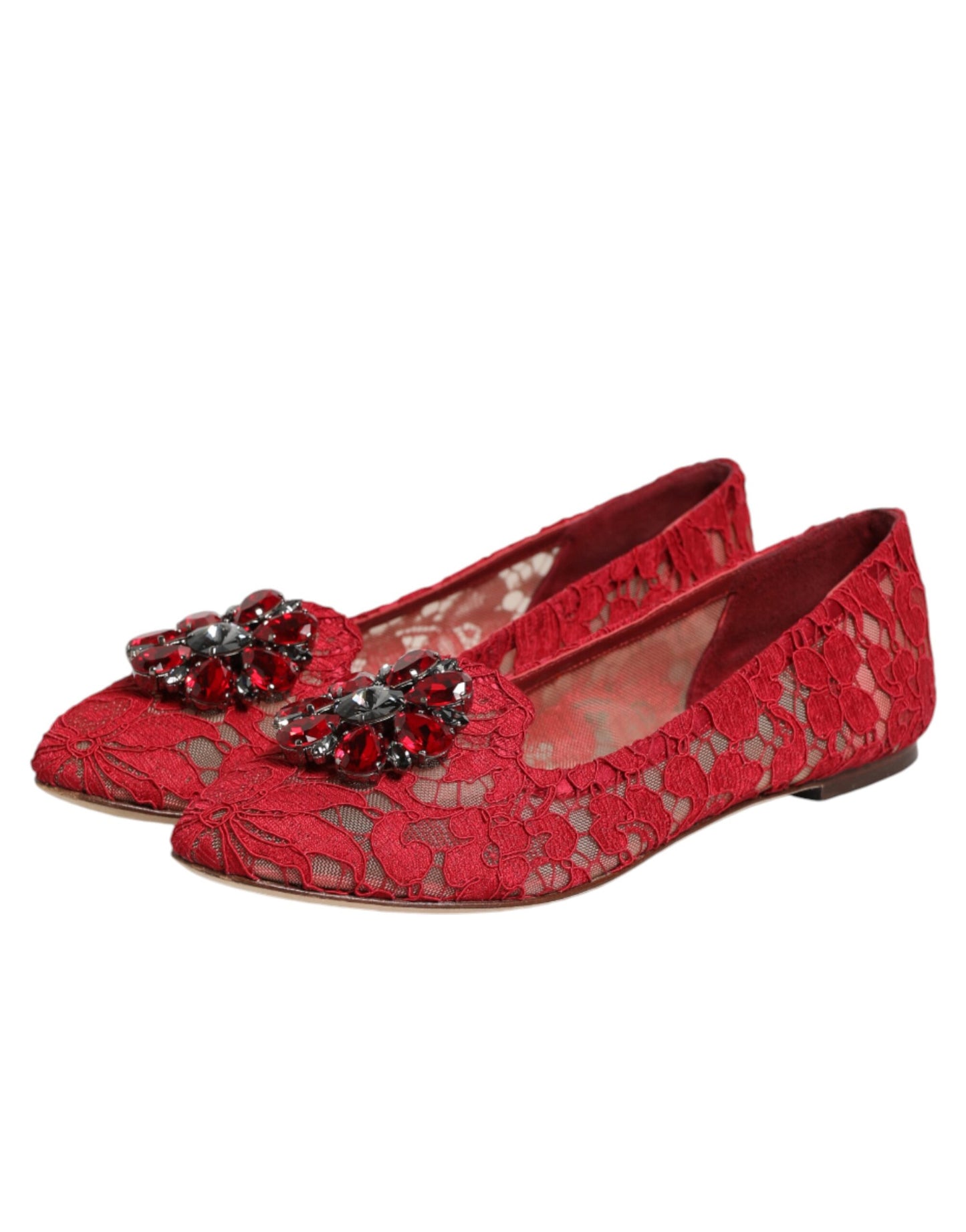 Dolce & Gabbana Red Lace Crystal Ballet Flats Loafers Shoes
