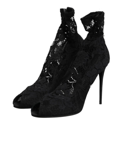 Dolce & Gabbana Black Stretch Taormina Lace Boots Shoes
