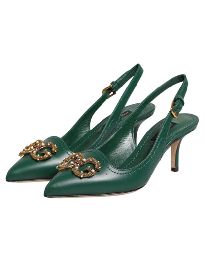 Dolce & Gabbana Green Leather AMORE Heels Slingbacks Shoes