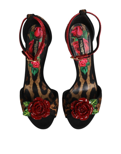 Dolce & Gabbana Brown Leopard Crystal Roses Sandals Shoes