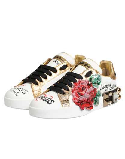 Dolce & Gabbana White Leather Floral Studded Sneakers Shoes