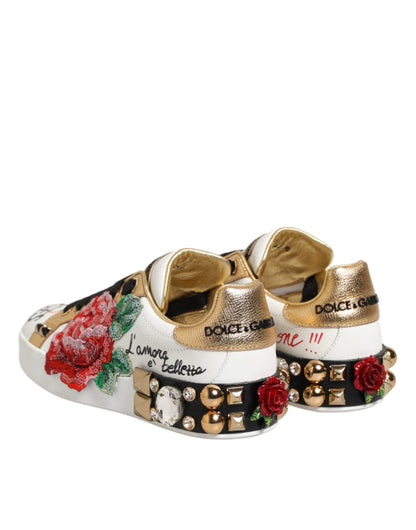 Dolce & Gabbana White Leather Floral Studded Sneakers Shoes