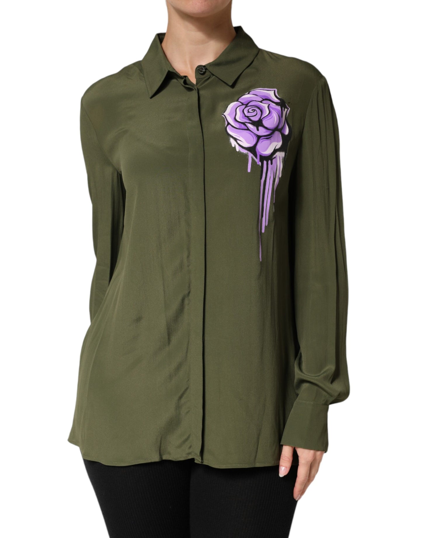 Boutique Moschino Top Green Acetate Collared Long Sleeves Floral Top